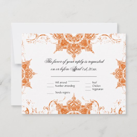 Toile Damask Swirl Wedding RSVP Card Tangerine (Voorkant)