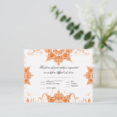Toile Damask Swirl Wedding RSVP Card Tangerine (Staand voorkant)
