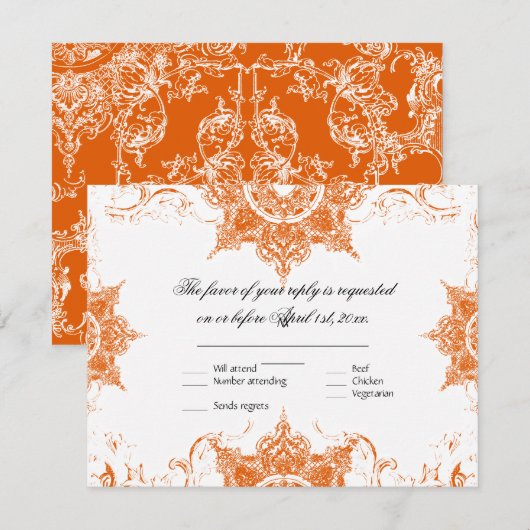 Toile Damask Swirl Wedding RSVP Card Tangerine (Voorkant / Achterkant)