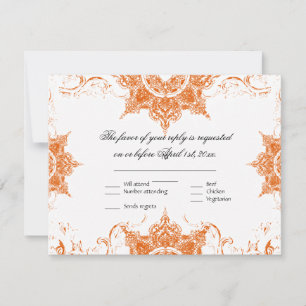 Toile Damask Swirl Wedding RSVP Card Tangerine