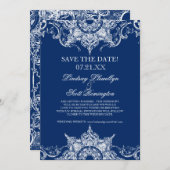 Toile Damast Wervel Save the Dates Navyblauw Kaart (Voorkant / Achterkant)