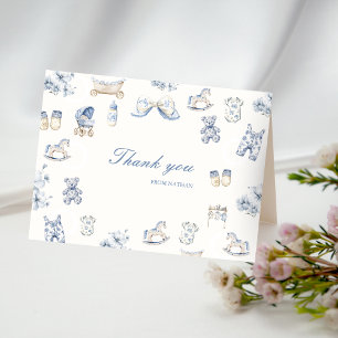Toile De Jouy Baby Shower Blauwe Strik Jongen Bedankkaart