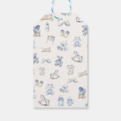 Toile De Jouy Baby Shower Blauwe Strik Jongen Cadeaulabel (Achterkant)