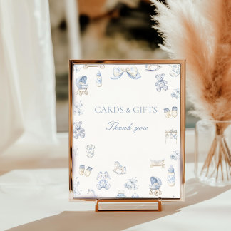 Toile De Jouy Baby Shower Blauwe Strik Tafel Sign Foto Afdruk