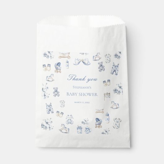 Toile De Jouy Baby Shower Blue Bow Boy Bedankzakje (Voorkant)