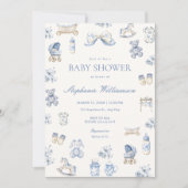 Toile De Jouy Baby Shower Blue Bow Boy Invitation Kaart (Voorkant)