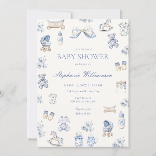 Toile De Jouy Baby Shower Blue Bow Boy Invitation Kaart (Voorkant)