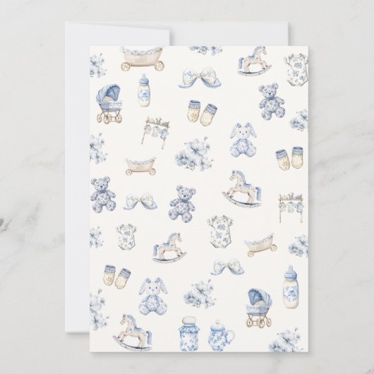 Toile De Jouy Baby Shower Blue Bow Boy Invitation Kaart (Achterkant)