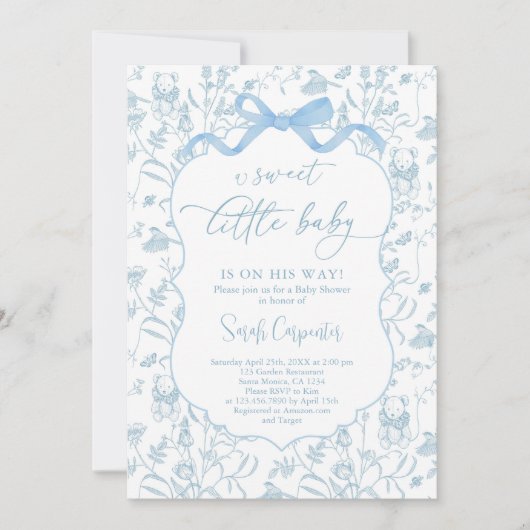 Toile De Jouy Baby shower Blue Bow Boy Invitation Kaart (Voorkant)