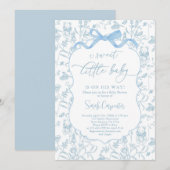 Toile De Jouy Baby shower Blue Bow Boy Invitation Kaart (Voorkant / Achterkant)