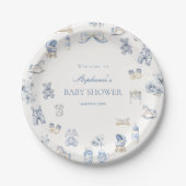 Toile De Jouy Baby Shower Blue Bow Boy Papieren Bordje (Voorkant)