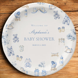 Toile De Jouy Baby Shower Blue Bow Boy Papieren Bordje