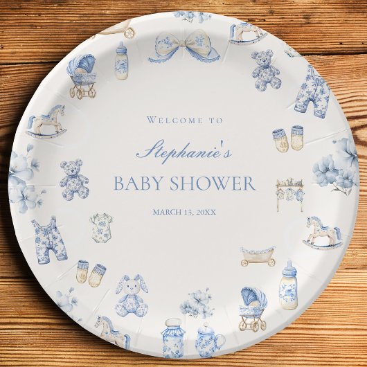 Toile De Jouy Baby Shower Blue Bow Boy Papieren Bordje