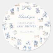 Toile De Jouy Baby Shower Blue Bow Boy Ronde Sticker (Voorkant)