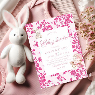 Toile de Jouy Baby shower Dusty Pink Teddy Bear Kaart