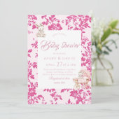 Toile de Jouy Baby shower Dusty Pink Teddy Bear Kaart (Staand voorkant)