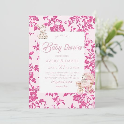 Toile de Jouy Baby shower Dusty Pink Teddy Bear Kaart (Staand voorkant)