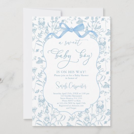 Toile De Jouy Baby shower met Bow Boy Invitation Kaart (Voorkant)