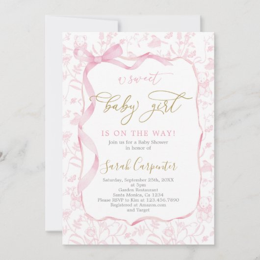Toile De Jouy Baby shower met Bow Girl Kaart (Voorkant)
