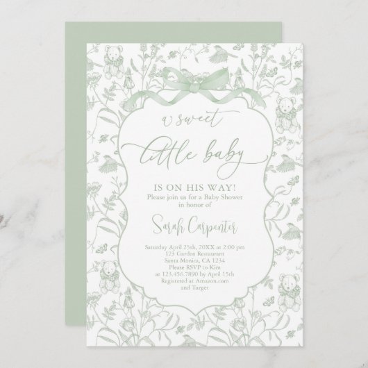 Toile De Jouy Baby shower met Bow Invitation Kaart (Voorkant / Achterkant)