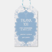 Toile de Jouy Beer Blauw Baby shower Dank u Cadeaulabel (Voorkant)