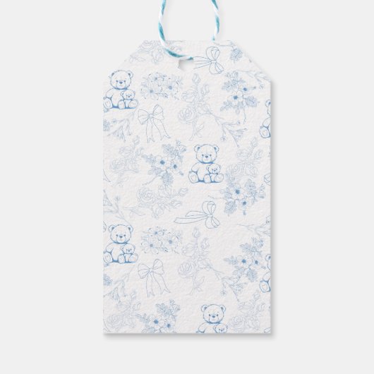 Toile de Jouy Beer Blauw Baby shower Dank u Cadeaulabel (Achterkant)