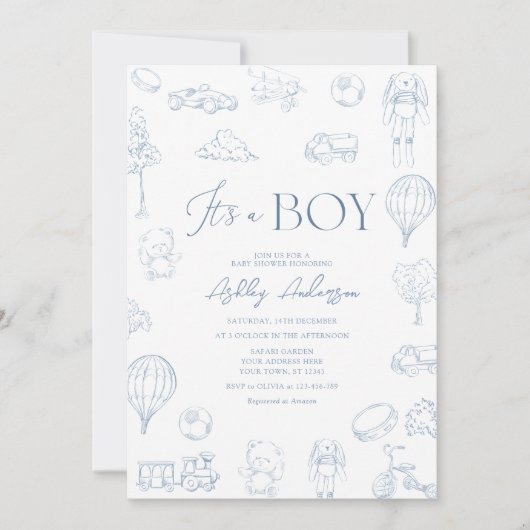 Toile De Jouy Blauw  Baby shower Kaart (Voorkant)