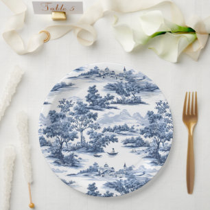 Toile de jouy, blauw china, porselein, blauwe wilg papieren bordje