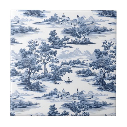 Toile de jouy, blauw china, porselein, blauwe wilg tegeltje (Voorkant)