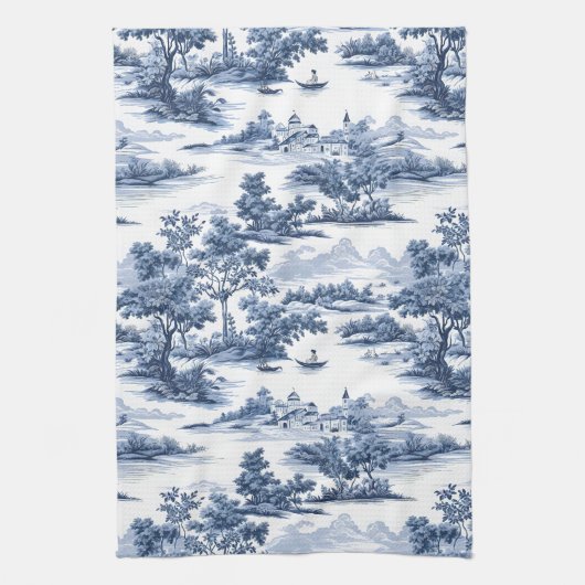 Toile de jouy, blauw china, porselein, blauwe wilg theedoek (Verticaal)