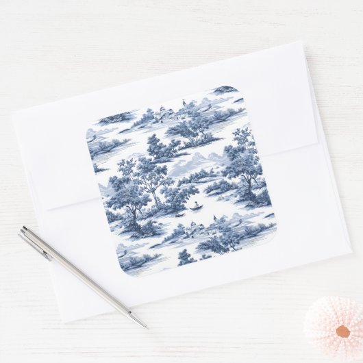Toile de jouy, blauw china, porselein, blauwe wilg vierkante sticker (Envelop)