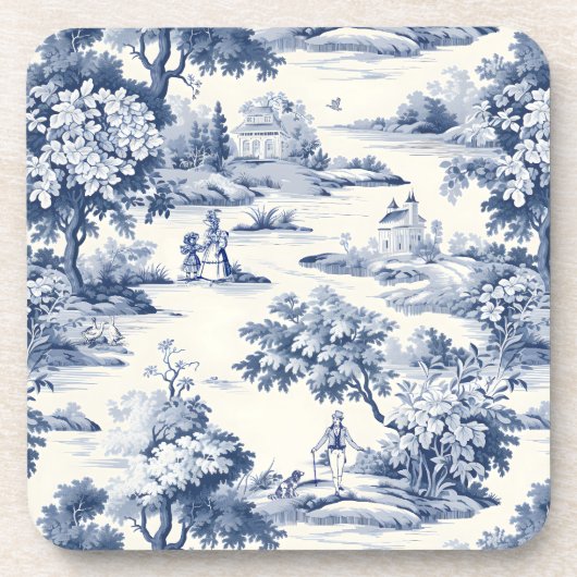 Toile de jouy, blauw en wit, porselein, bier onderzetter (Voorkant)