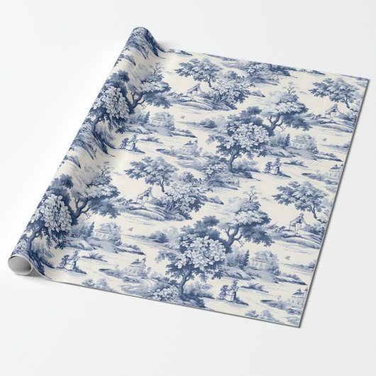 Toile de jouy, blauw en wit, porselein, cadeaupapier (Uitgerold)