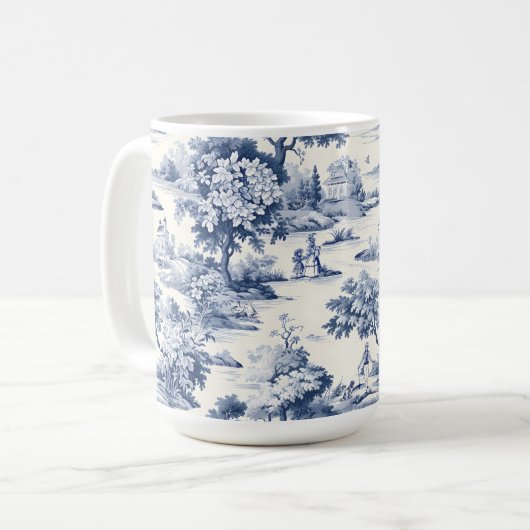 Toile de jouy, blauw en wit, porselein, koffiemok (Voorkant links)