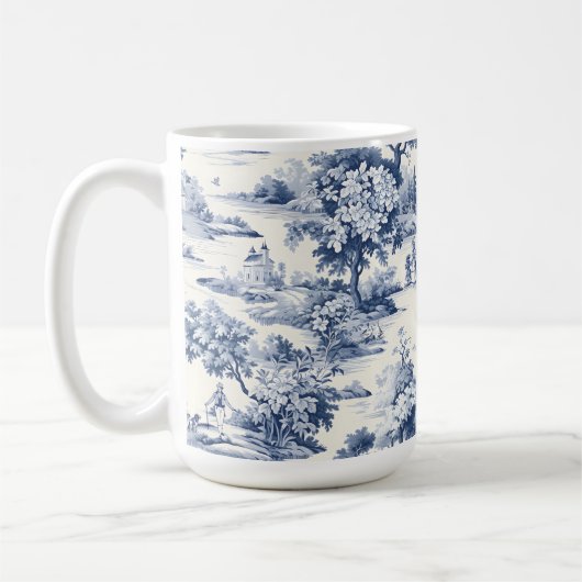 Toile de jouy, blauw en wit, porselein, koffiemok (Links)