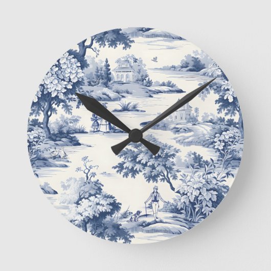 Toile de jouy, blauw en wit, porselein, ronde klok (Voorkant)