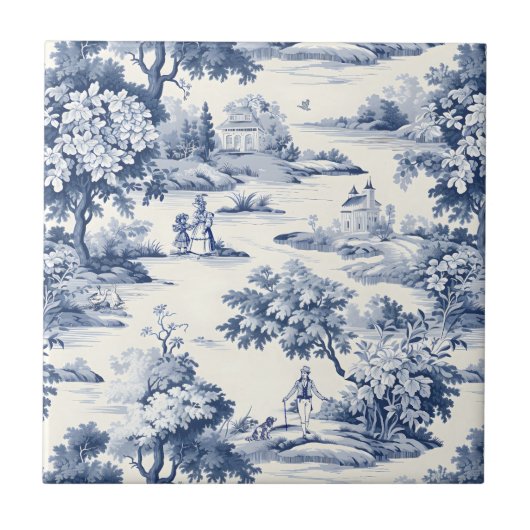 Toile de jouy, blauw en wit, porselein, tegeltje (Voorkant)