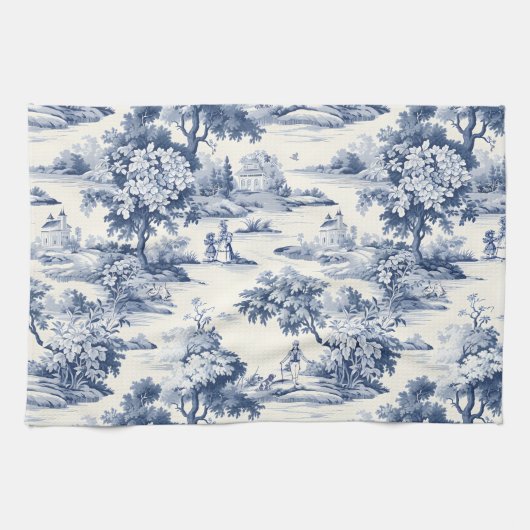 Toile de jouy, blauw en wit, porselein, theedoek (Horizontaal)