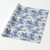 Toile de Jouy Blauw Frans Elegant Weiland Cadeaupapier (Uitgerold)