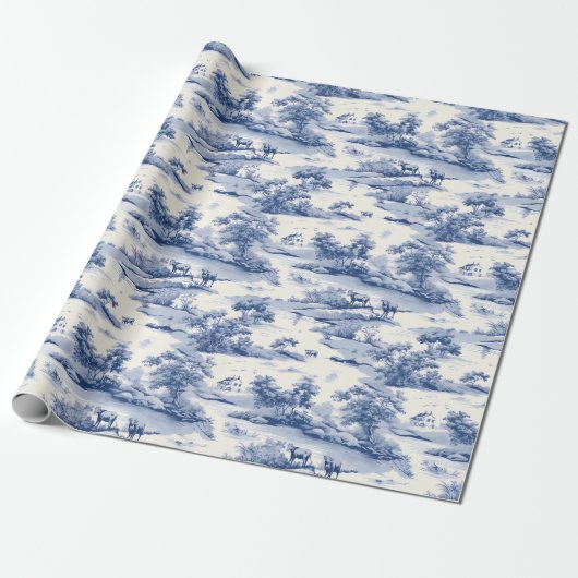 Toile de Jouy Blauw Frans Elegant Weiland Cadeaupapier (Uitgerold)