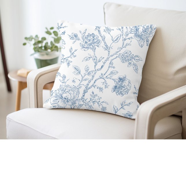 Toile de Jouy Blauwe Bloemen Kussen (Creator heeft geüpload)