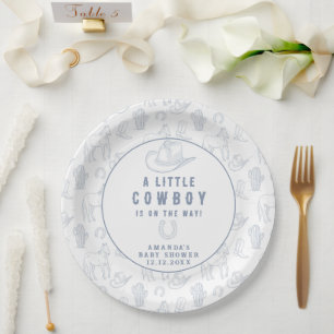 Toile de Jouy Blauwe Cowboy Western Baby Shower Papieren Bordje