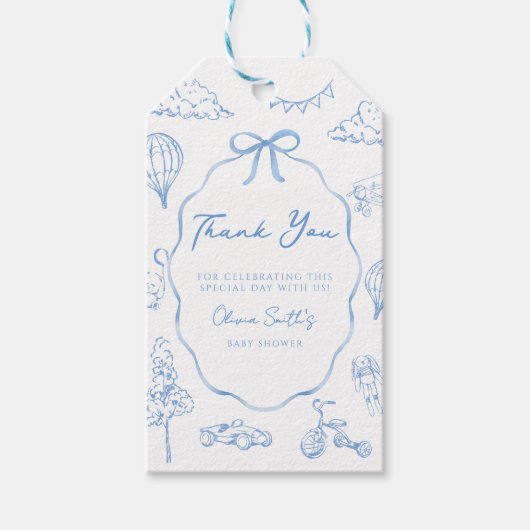 Toile De Jouy Blauwe Jongen Baby Shower Dank Je Cadeaulabel (Voorkant)