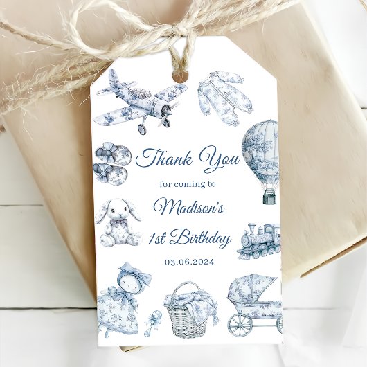 Toile De Jouy Blauwe Verjaardagsfeestje  Cadeaulabel