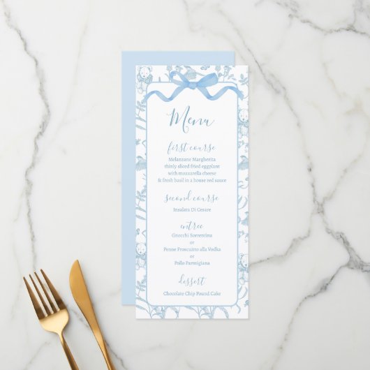 Toile de jouy Blue Baby shower Boy Menu Kaart (Voorkant / Achterkant in situ)