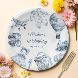 Toile De Jouy Blue Birthday Party Papieren Bordje