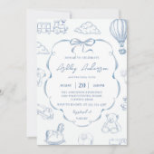 Toile De Jouy Blue Bow Baby Shower Party Kaart (Voorkant)