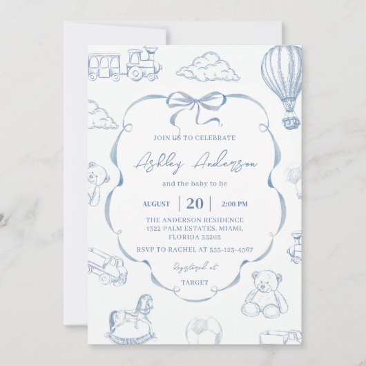 Toile De Jouy Blue Bow Baby Shower Party Kaart (Voorkant)