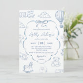 Toile De Jouy Blue Bow Baby Shower Party Kaart (Staand voorkant)