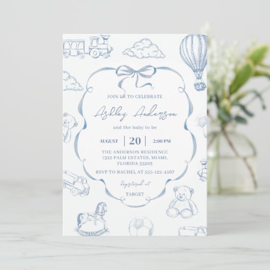 Toile De Jouy Blue Bow Baby Shower Party Kaart (Staand voorkant)